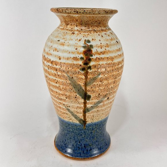 Vintage Herbert Cohen Studio Art Stoneware Vase Rust Speckled Blue Signed 1980's